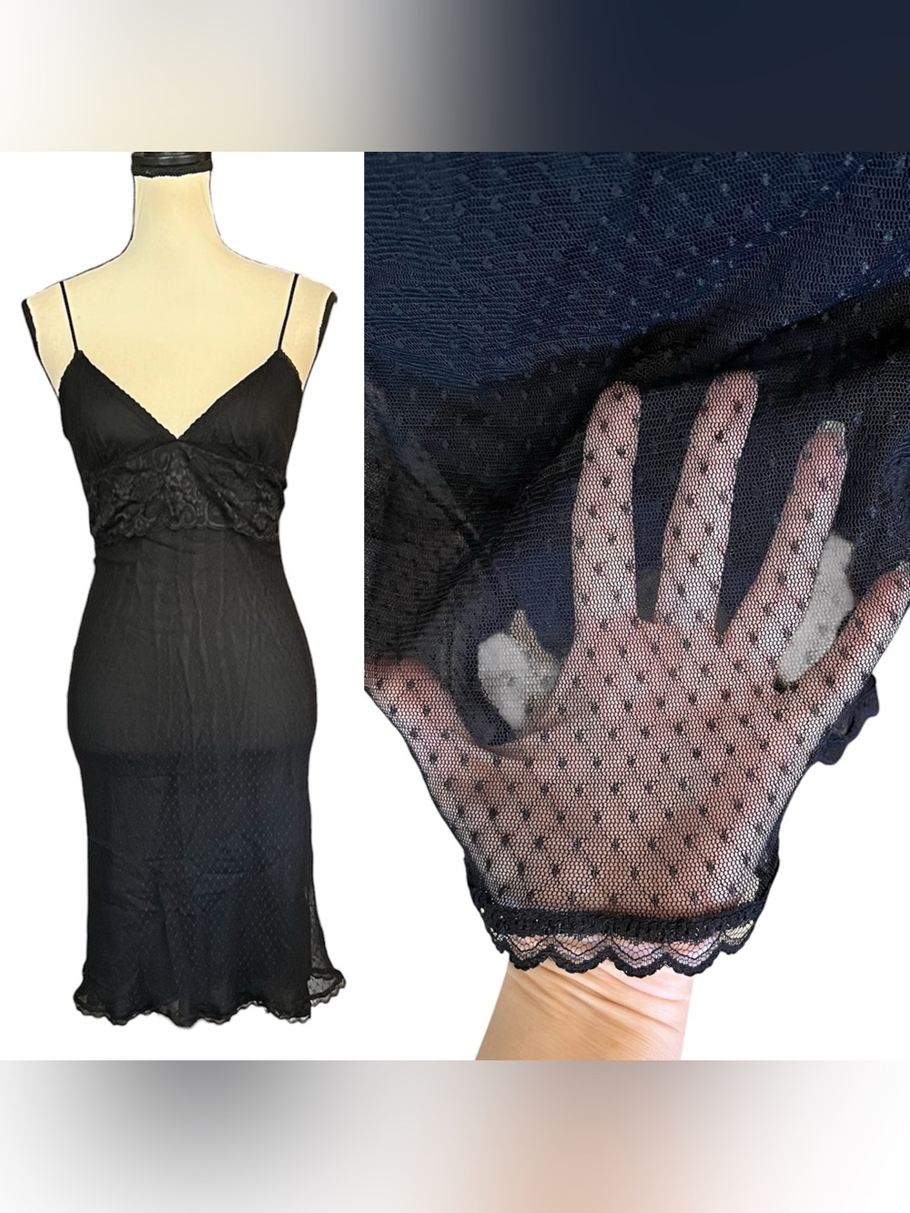Vintage 90s Y2K BCBGMAXAZRIA Sheer Swiss Dot Fishnet Mesh Lace Goth Slip Dress